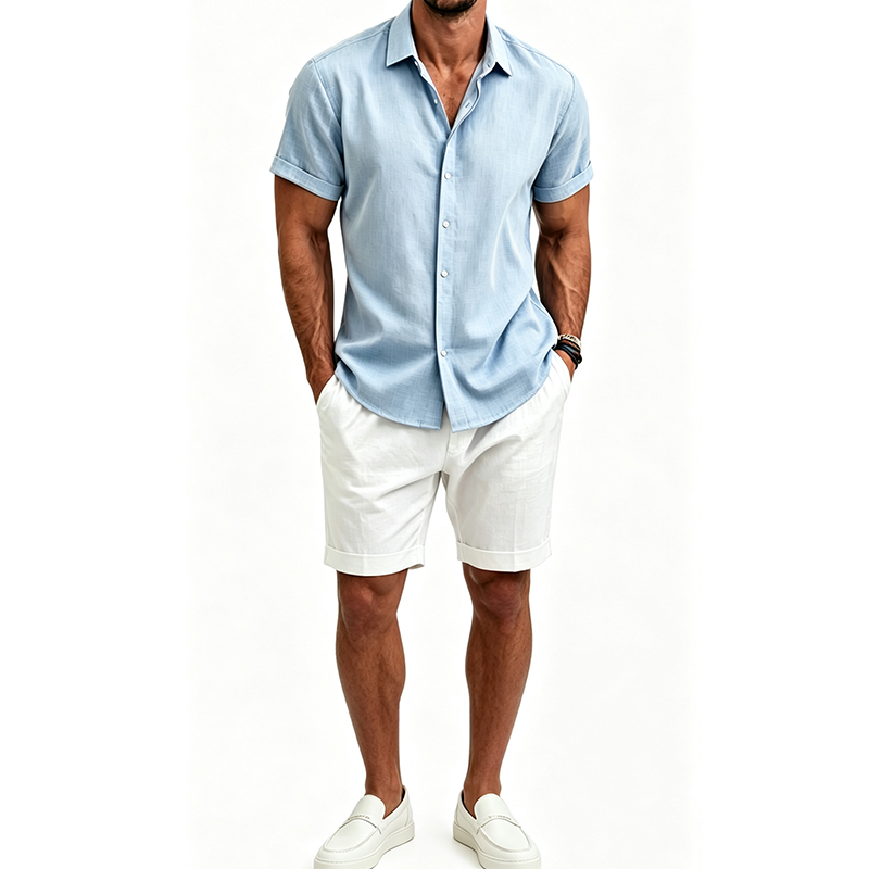 Men's  Cotton Linen Shirt Set  - Short Linen Drawstring 评论和价格