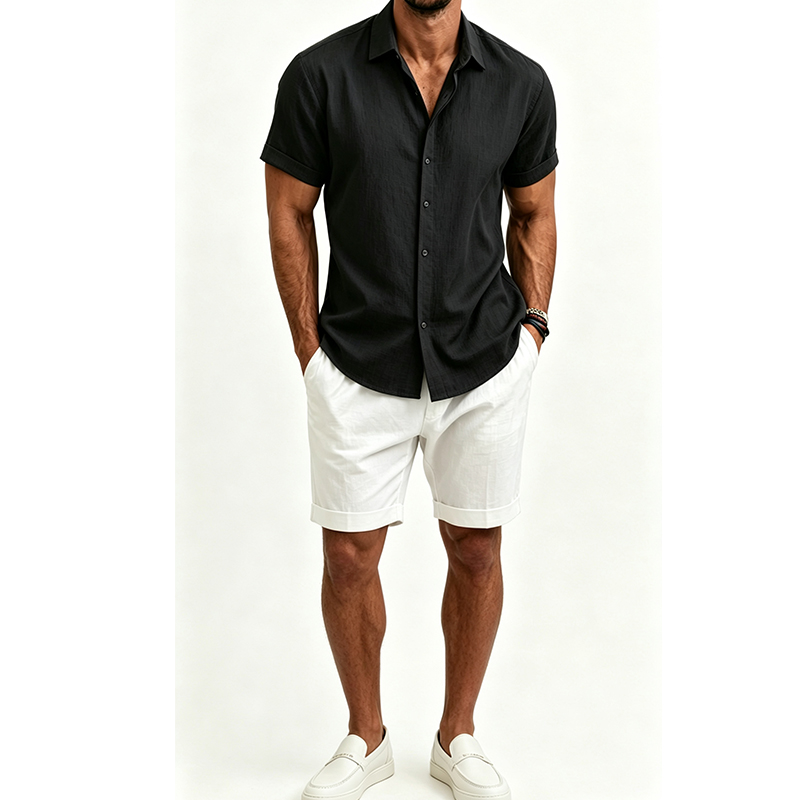 Men's  Cotton Linen Shirt Set  - Short Linen Drawstring 评论和价格