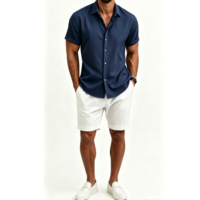 Men's  Cotton Linen Shirt Set  - Short Linen Drawstring 评论和价格