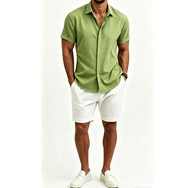 Men's  Cotton Linen Shirt Set  - Short Linen Drawstring 评论和价格